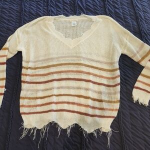 Main Strip Cream and Brown Striped V-Neck Sweater